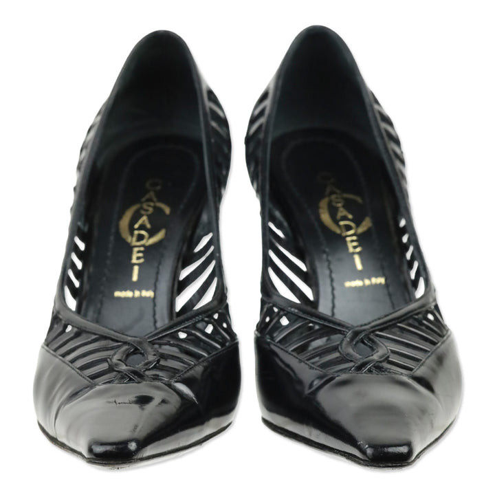 Casadei Black Patent Leather Caged Pumps