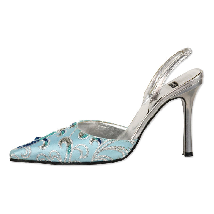 Casadei Blue Satin Slingback D'Orsay Pump with Silver Beaded Brocade Embroidered Accents