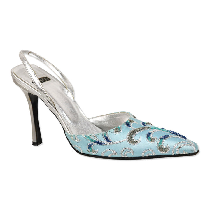 Casadei Blue Satin Slingback D'Orsay Pump with Silver Beaded Brocade Embroidered Accents