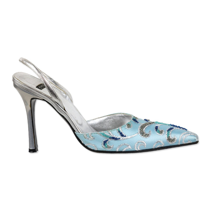 Casadei Blue Satin Slingback D'Orsay Pump with Silver Beaded Brocade Embroidered Accents