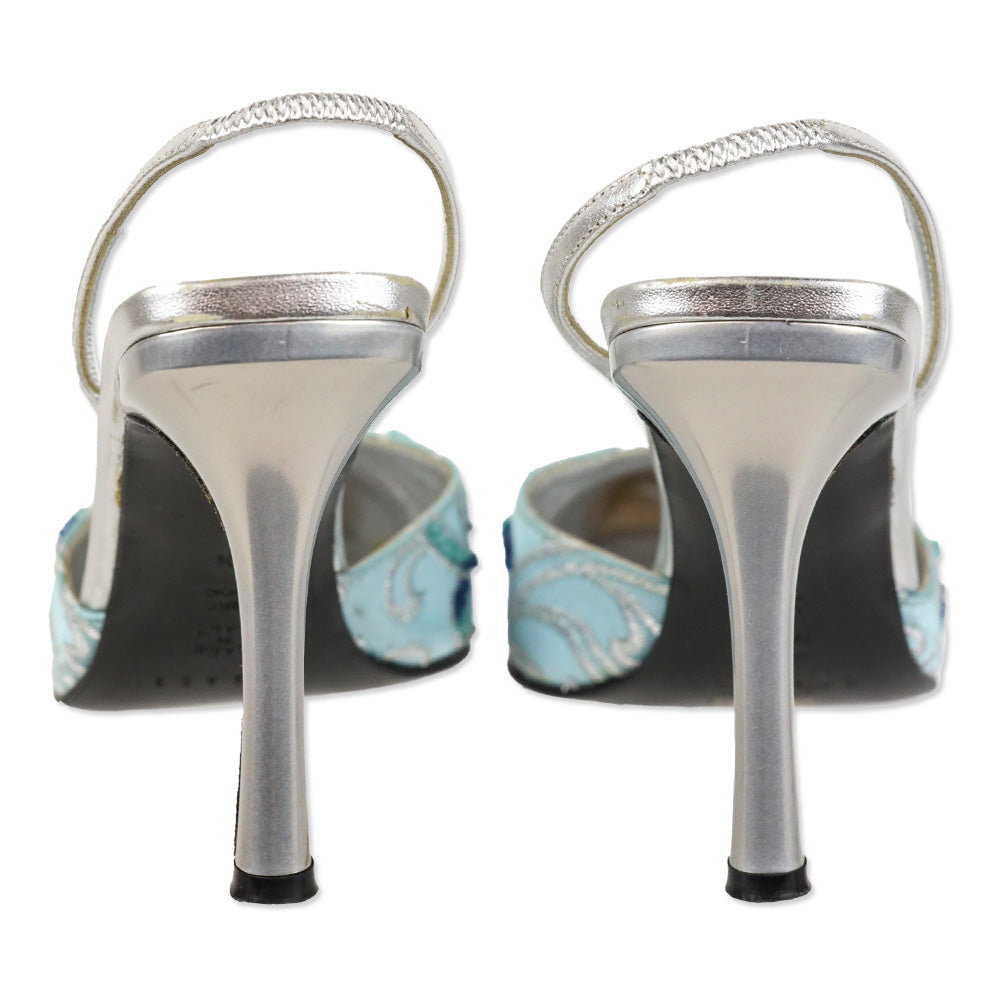 Casadei Blue Satin Slingback D'Orsay Pump with Silver Beaded Brocade Embroidered Accents