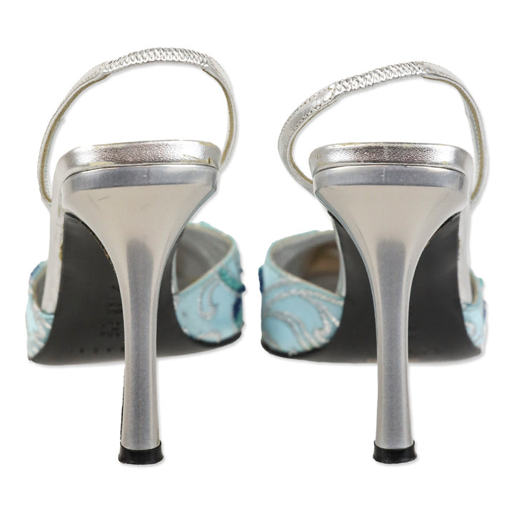 Casadei Blue Satin Slingback D'Orsay Pump with Silver Beaded Brocade Embroidered Accents