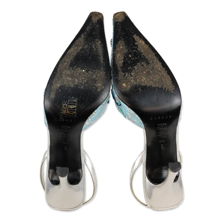 Casadei Blue Satin Slingback D'Orsay Pump with Silver Beaded Brocade Embroidered Accents