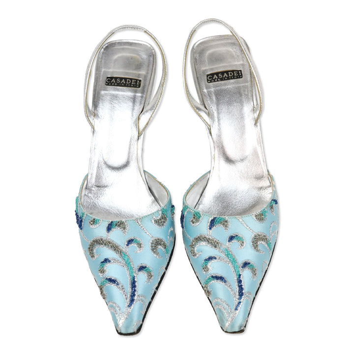 Casadei Blue Satin Slingback D'Orsay Pump with Silver Beaded Brocade Embroidered Accents