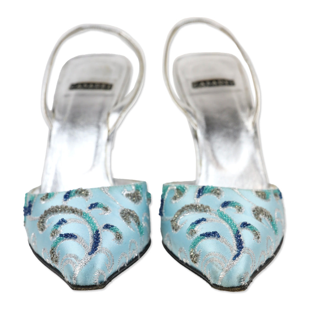 Casadei Blue Satin Slingback D'Orsay Pump with Silver Beaded Brocade Embroidered Accents
