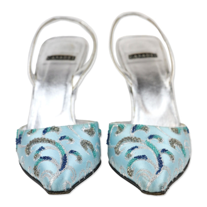 Casadei Blue Satin Slingback D'Orsay Pump with Silver Beaded Brocade Embroidered Accents