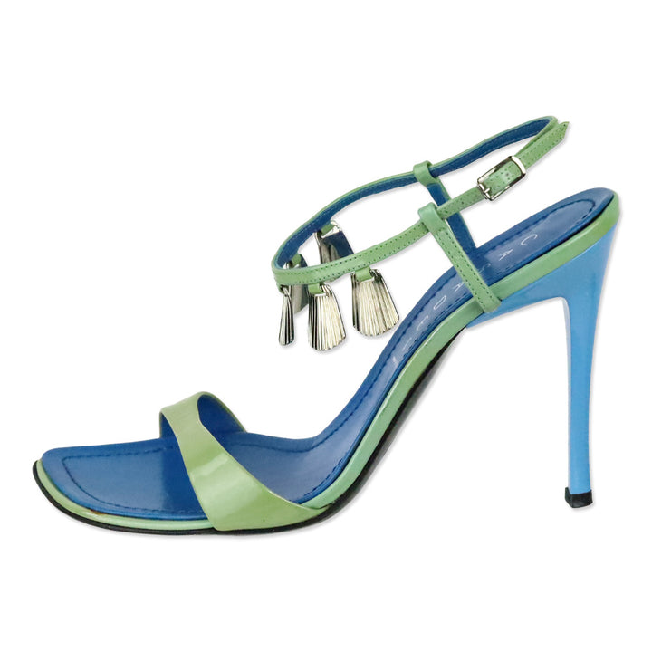 Casadei Green Patent Leather Shell Charm Ankle-Strap Sandals