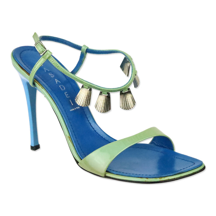 Casadei Green Patent Leather Shell Charm Ankle-Strap Sandals