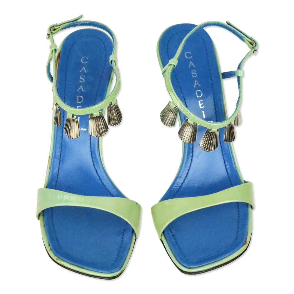 Casadei Green Patent Leather Shell Charm Ankle-Strap Sandals