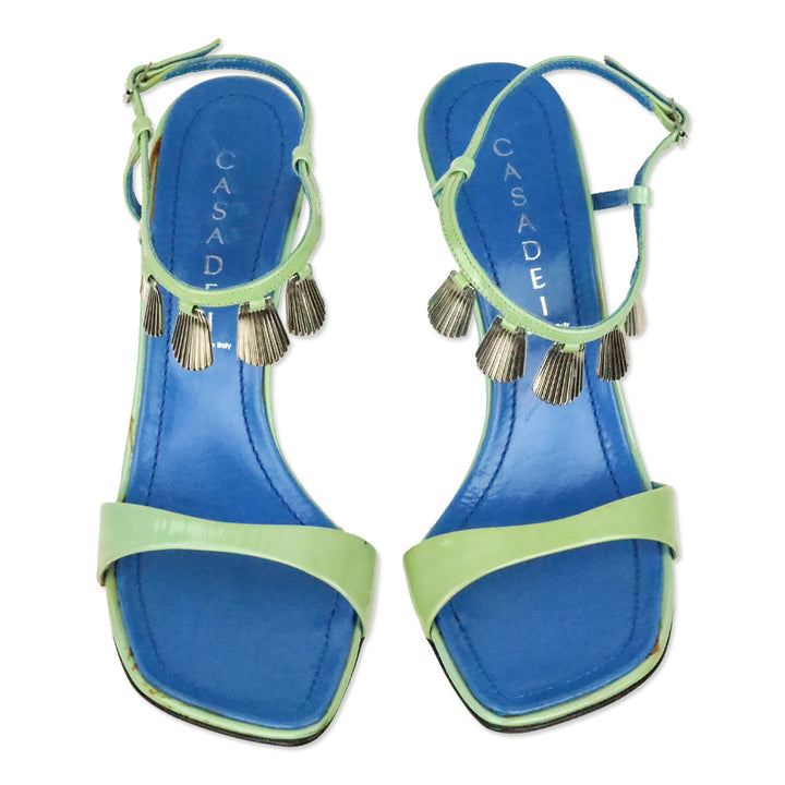 Casadei Green Patent Leather Shell Charm Ankle-Strap Sandals