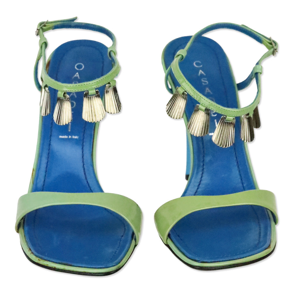 Casadei Green Patent Leather Shell Charm Ankle-Strap Sandals