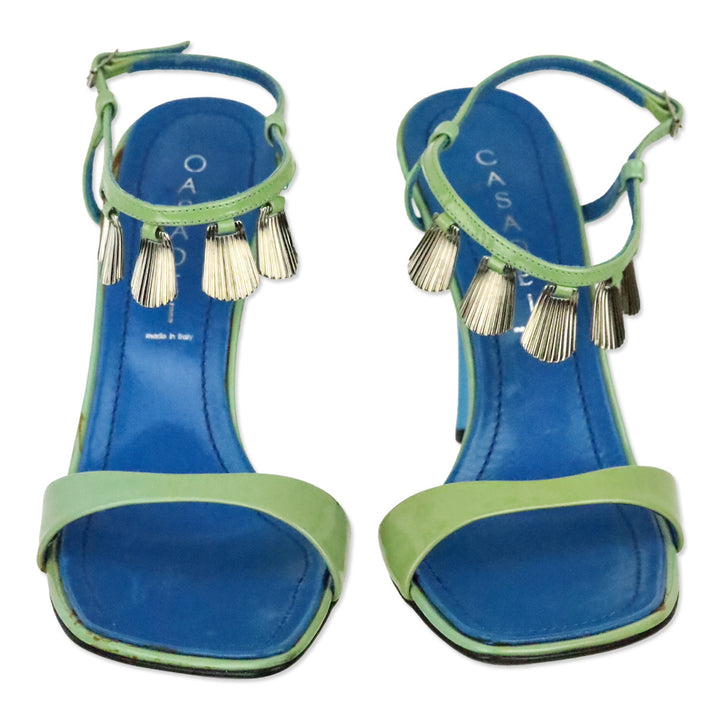 Casadei Green Patent Leather Shell Charm Ankle-Strap Sandals