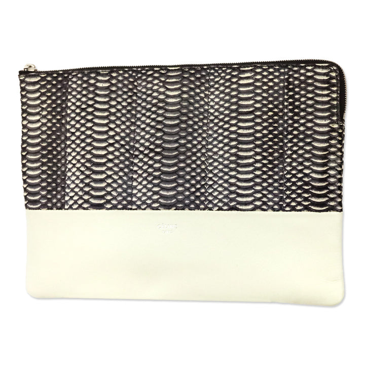 Celine Bicolor White Lambskin Leather Black Snake Python Solo Clutch Pouch