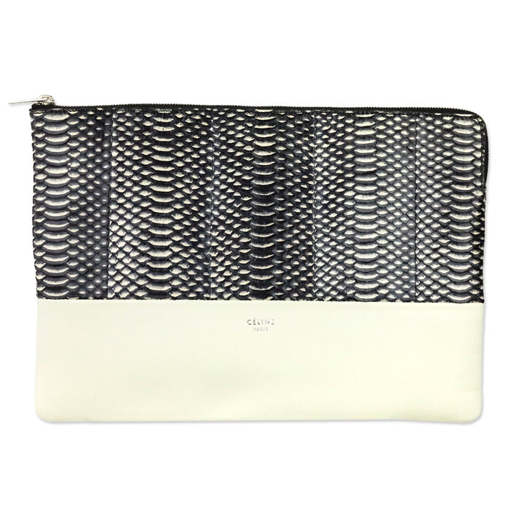 Celine Bicolor White Lambskin Leather Black Snake Python Solo Clutch Pouch