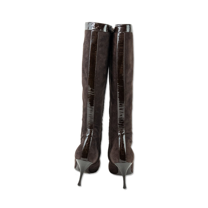 Celine Brown Suede Patent Leather Trim Knee High Stiletto Boots