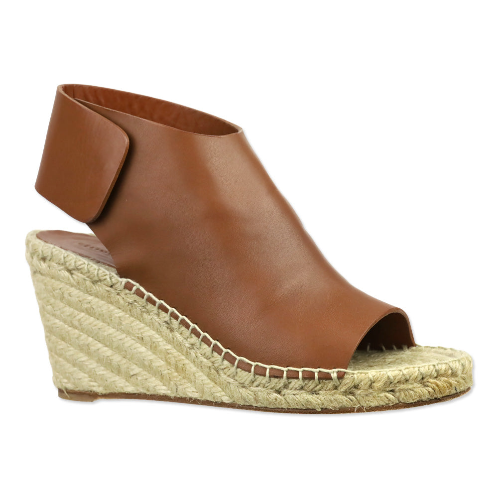 Celine Caramel Leather Crosta Fossil Espadrille Wedge Open Toe Booties