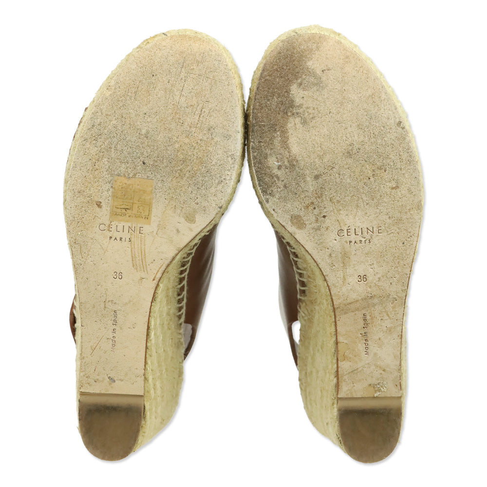 Celine Caramel Leather Crosta Fossil Espadrille Wedge Open Toe Booties