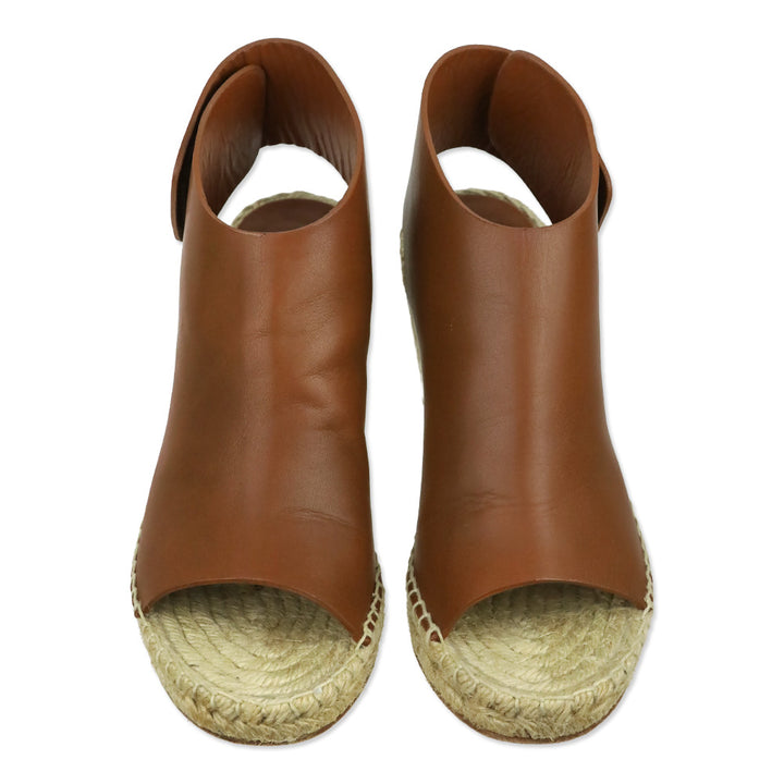 Celine Caramel Leather Crosta Fossil Espadrille Wedge Open Toe Booties