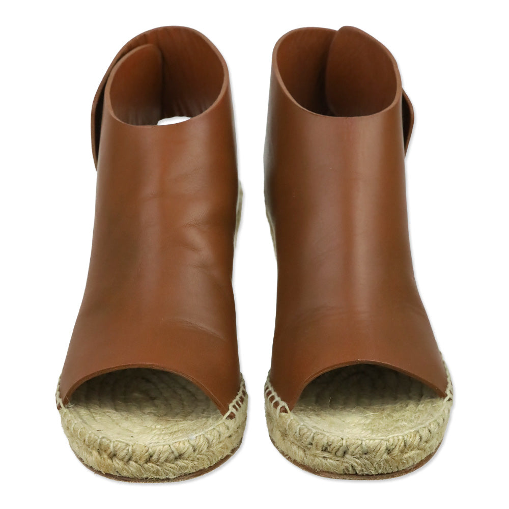 Celine Caramel Leather Crosta Fossil Espadrille Wedge Open Toe Booties
