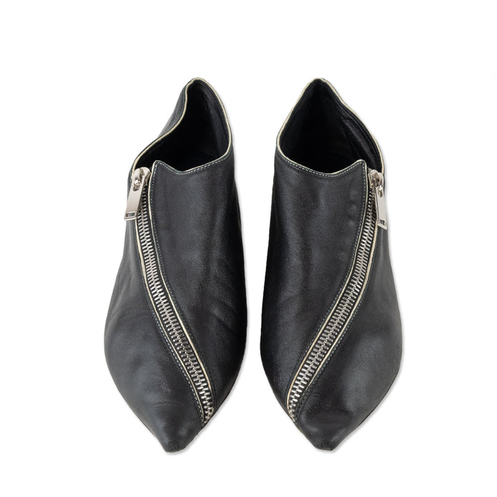 Celine Pointed Toe Zipper Black Leather Flats