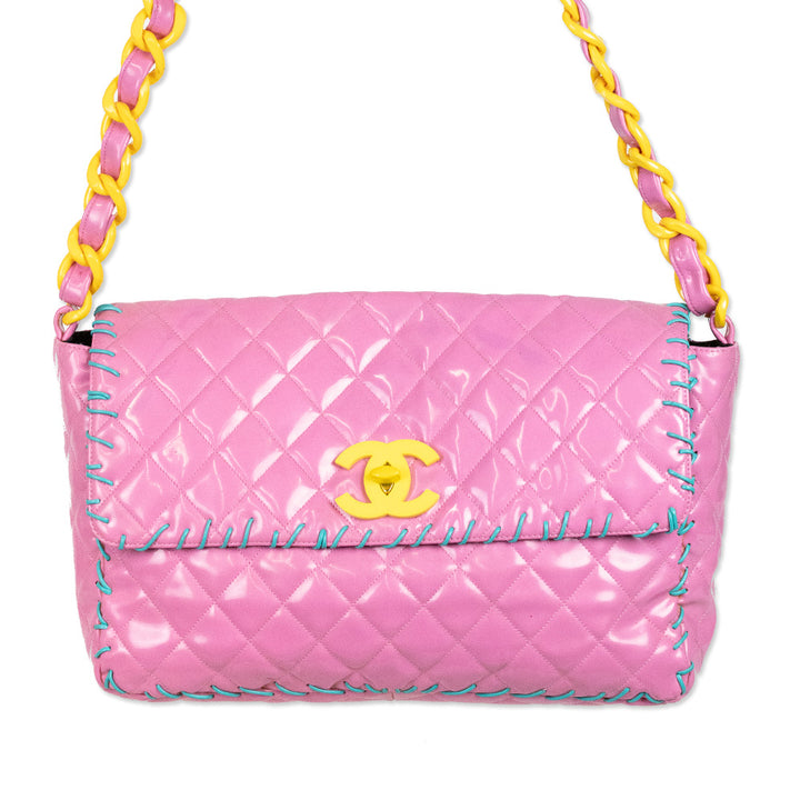 Chanel Vintage 1994 "Barbie" Pink Quilted Patent Leather Jumbo Flap Handbag