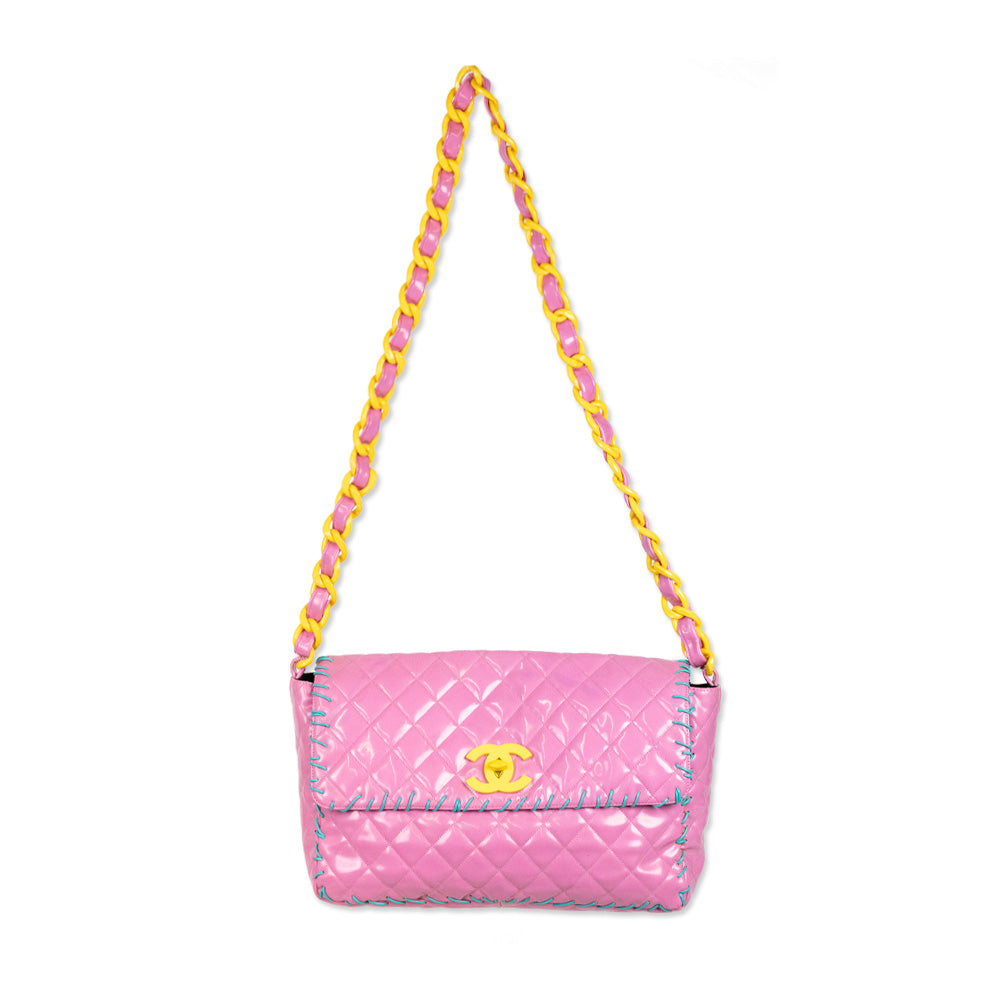 Chanel Vintage 1994 "Barbie" Pink Quilted Patent Leather Jumbo Flap Handbag