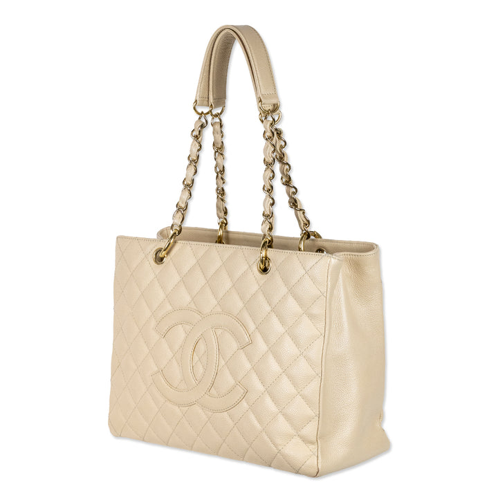 Chanel Beige Clair Quilted Caviar Leather Grand Shopping Tote Bag