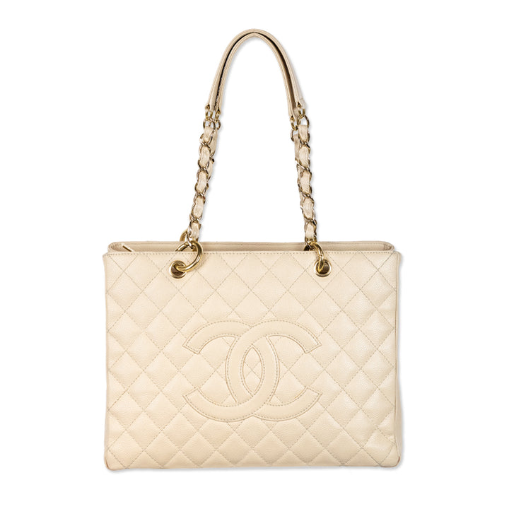 Chanel Beige Clair Quilted Caviar Leather Grand Shopping Tote Bag