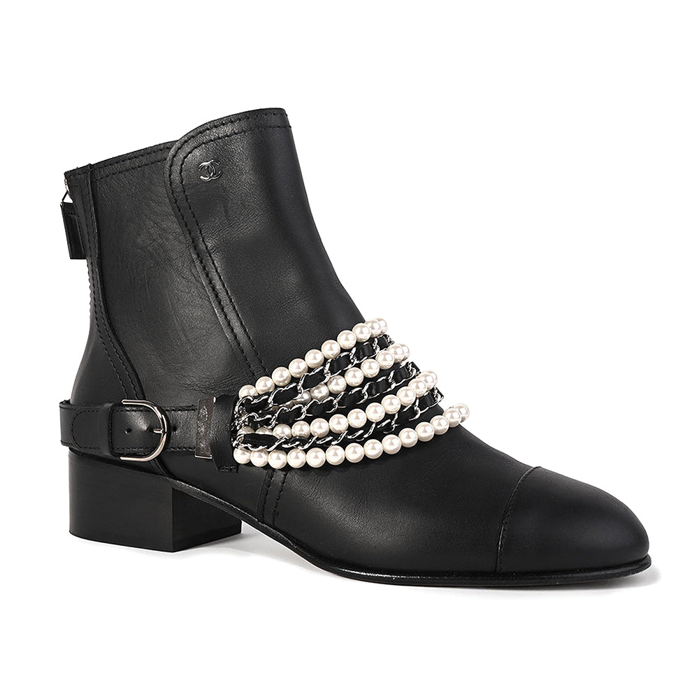 Chanel Black Leather Pearl & Chain Moto Boots
