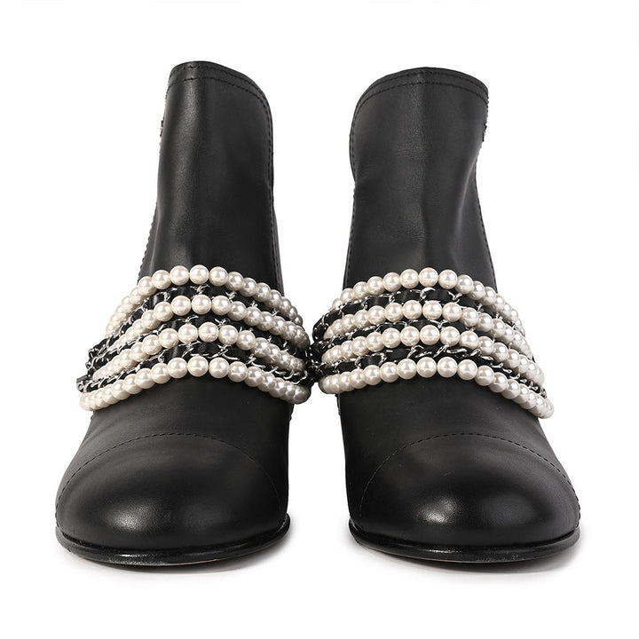 Chanel Black Leather Pearl & Chain Moto Boots
