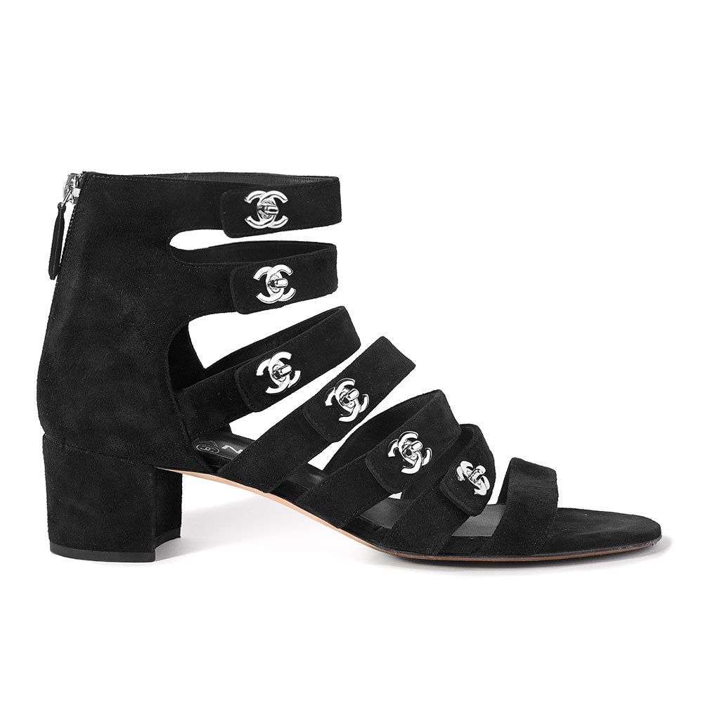 Chanel Black Suede CC Turnlock Gladiator Sandals