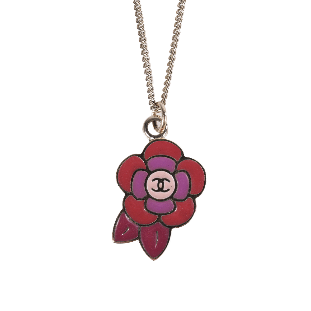 Chanel Camellia CC Pink Enamel Pendant Necklace
