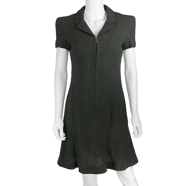 Chanel Charcoal & Olive Tweed Zip Front Dress