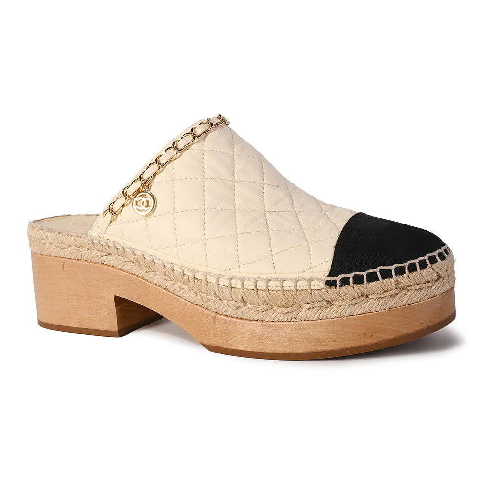 Chanel Cream & Black Quilted Leather Espadrille Mules