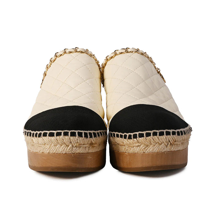 Chanel Cream & Black Quilted Leather Espadrille Mules