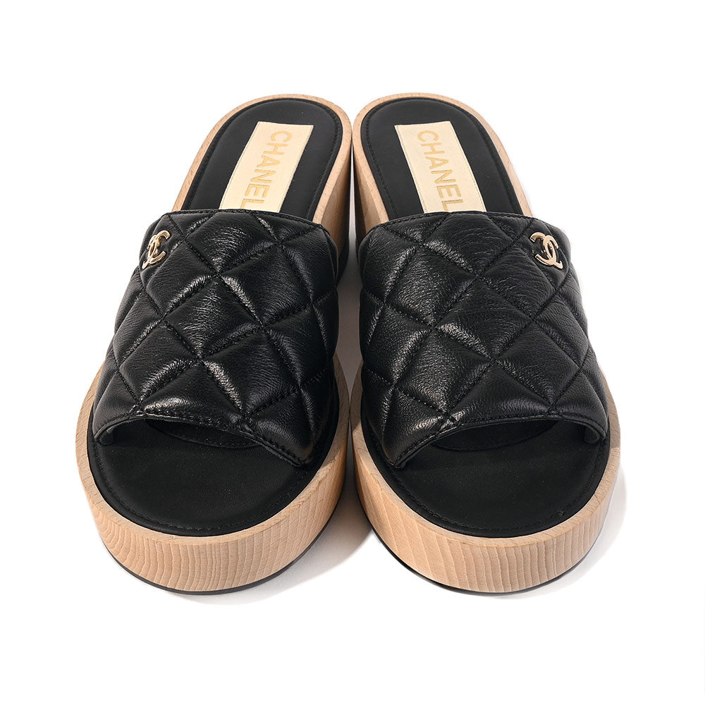 Chanel Quilted Leather Wooden Heel Slide Sandals
