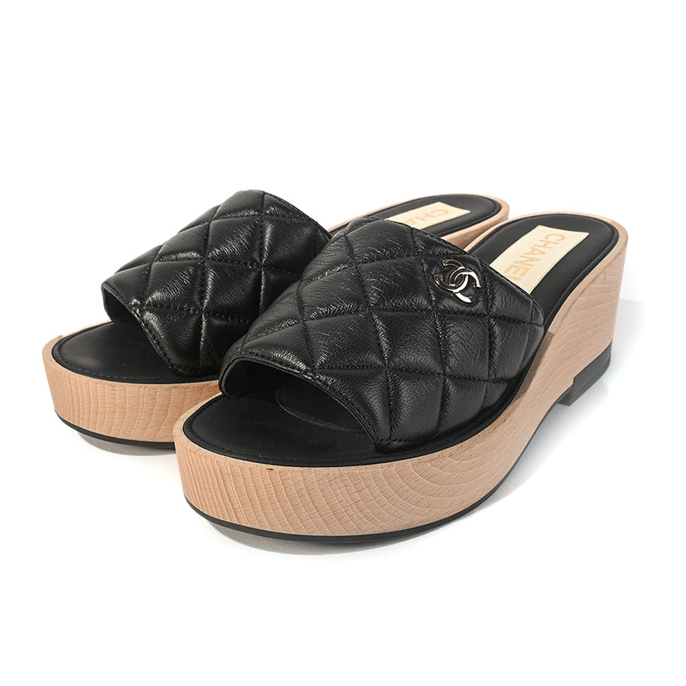 Chanel Quilted Leather Wooden Heel Slide Sandals