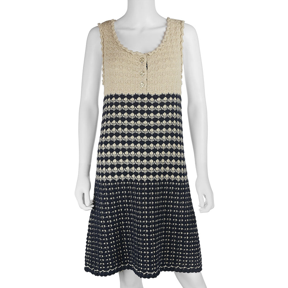 Chanel Tan & Navy Woven Knit Midi Dress