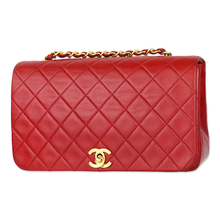 Chanel 1989-1991 Red Lambskin Matelasse Full Flap Bag