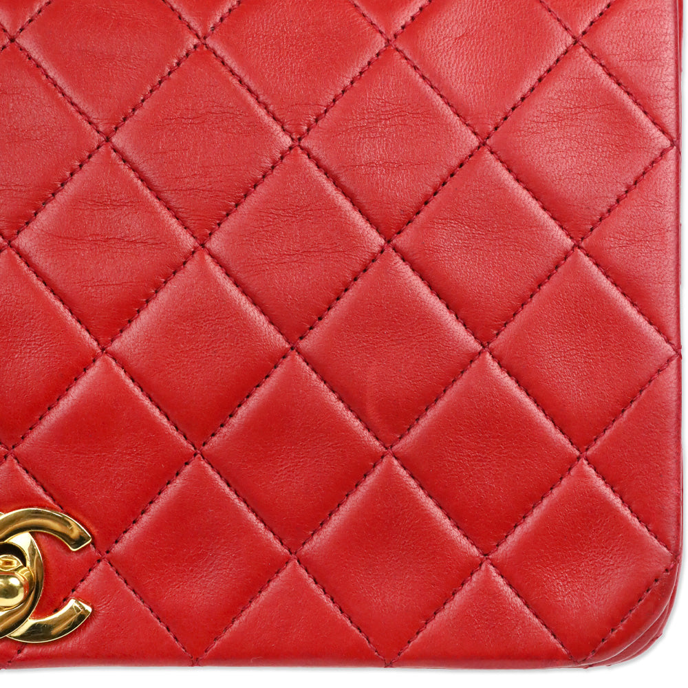 Chanel 1989-1991 Red Lambskin Matelasse Full Flap Bag