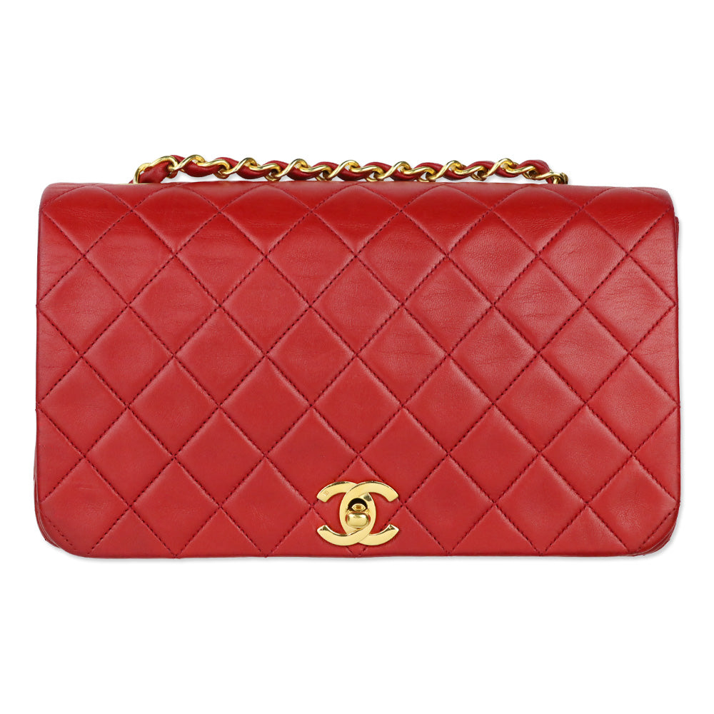 Chanel 1989-1991 Red Lambskin Matelasse Full Flap Bag