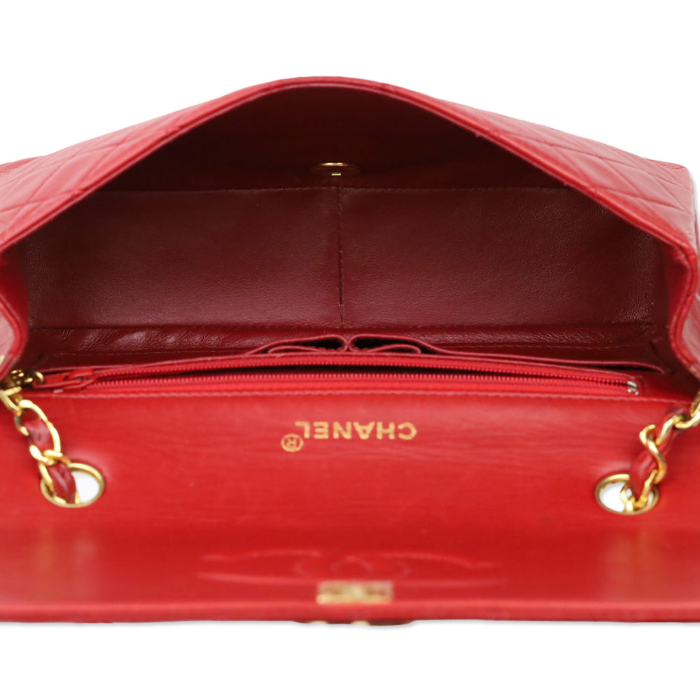 Chanel 1989-1991 Red Lambskin Matelasse Full Flap Bag
