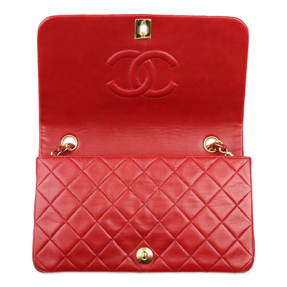 Chanel 1989-1991 Red Lambskin Matelasse Full Flap Bag