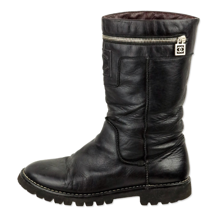 Chanel 2010 Black Leather Moto Boots
