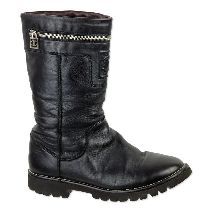 Chanel 2010 Black Leather Moto Boots