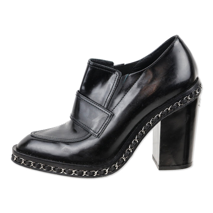 Chanel 2013 Black Patent Leather Chain Loafer Pumps