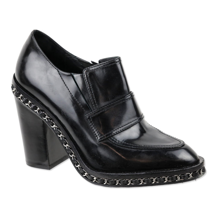 Chanel 2013 Black Patent Leather Chain Loafer Pumps