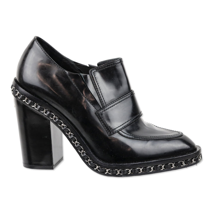 Chanel 2013 Black Patent Leather Chain Loafer Pumps
