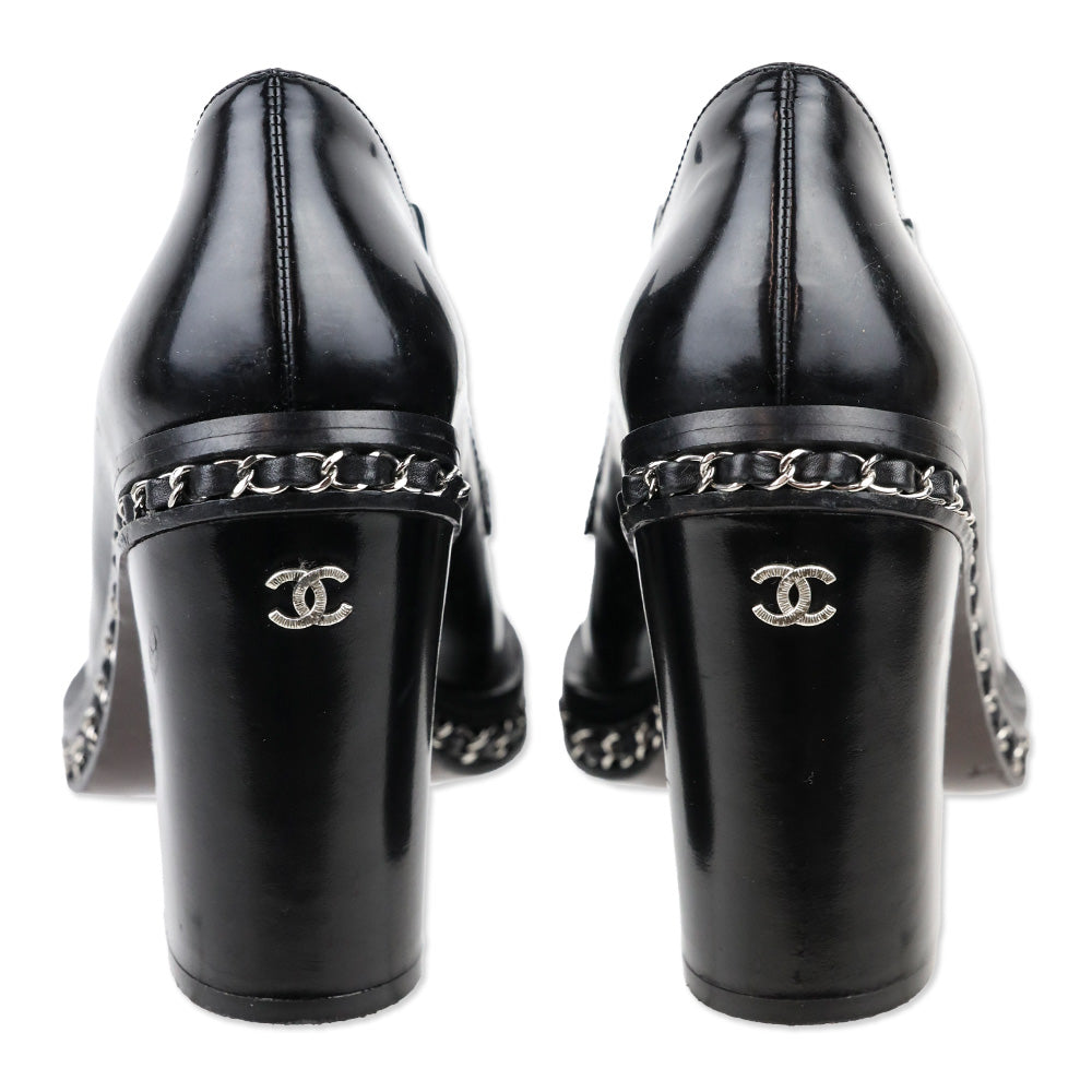 Chanel 2013 Black Patent Leather Chain Loafer Pumps
