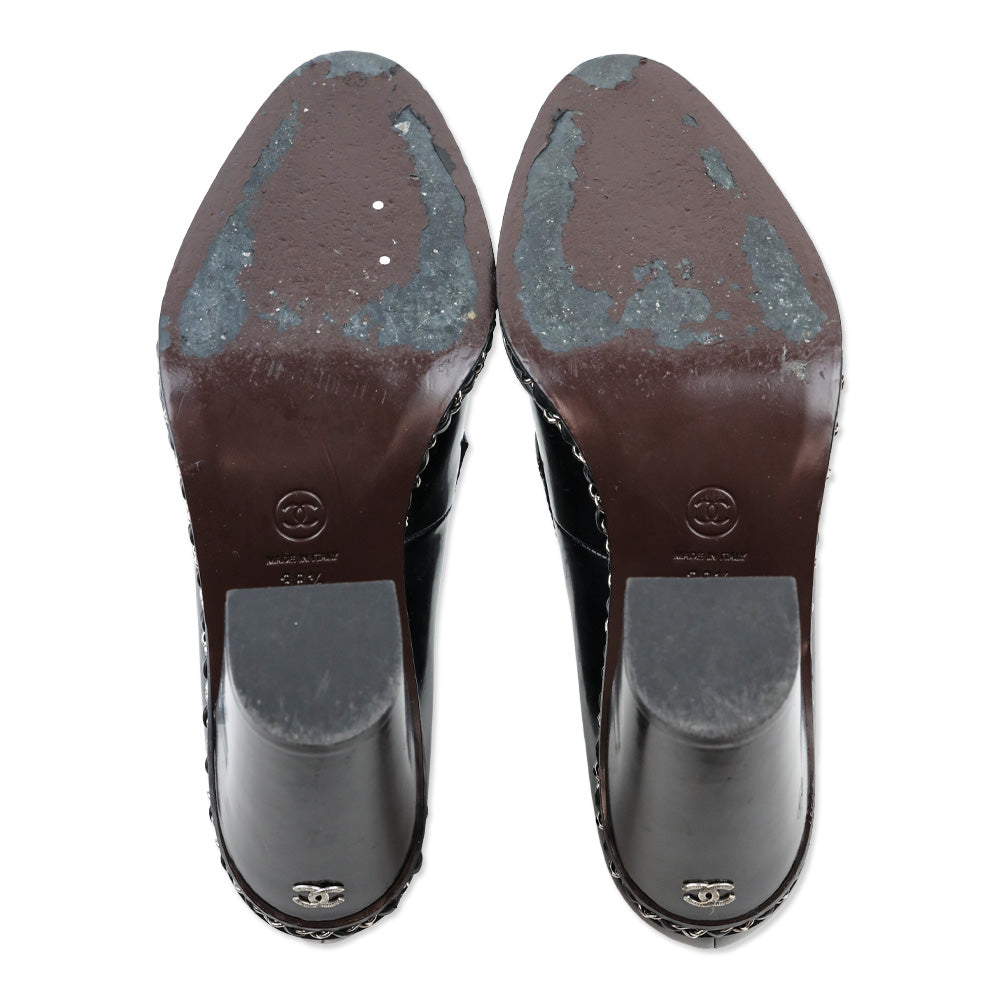 Chanel 2013 Black Patent Leather Chain Loafer Pumps